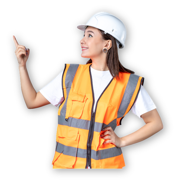 Woman in safety wear and hard hat pointing at the client testimonials